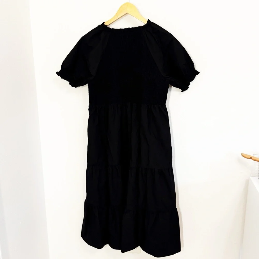 THML Black Smocked Midi Dress VNeck Short Puff Sleeves Size Large - Picture 4 of 7